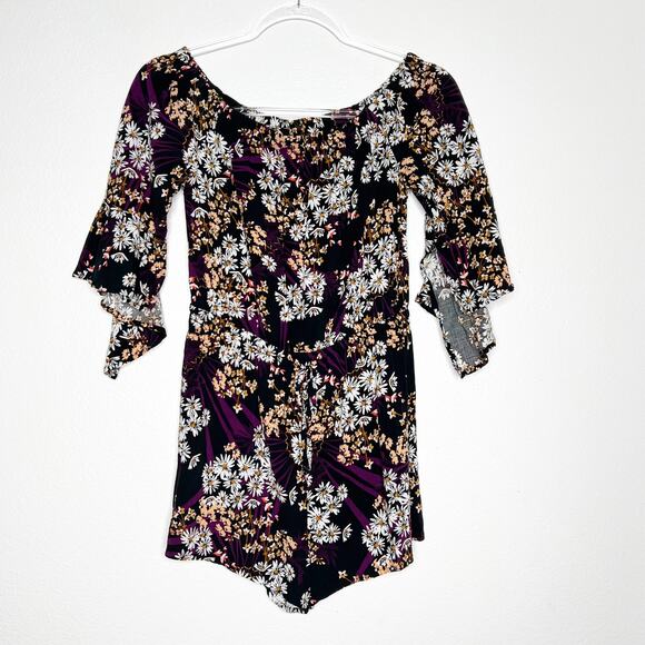 EXPRESS Floral Off-Shoulder Romper Flutter Sleeve Drawstring Black Purple Size S - Picture 6 of 6